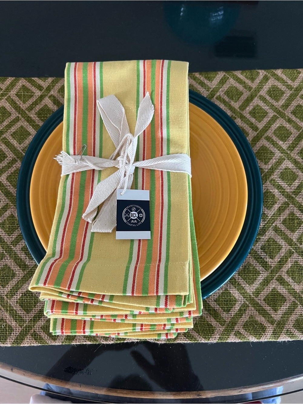 Beachcombers Coastal Life Striped Yellow 100% Cotton Napkin Set 4 20”x20”